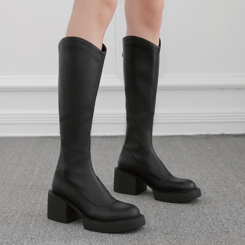 Мода 2024 года женские сапоги на высоком каблуке осень и зима новые толстые подошвы толстые трубчатые женские модные однотонные тонкие модные сапоги
