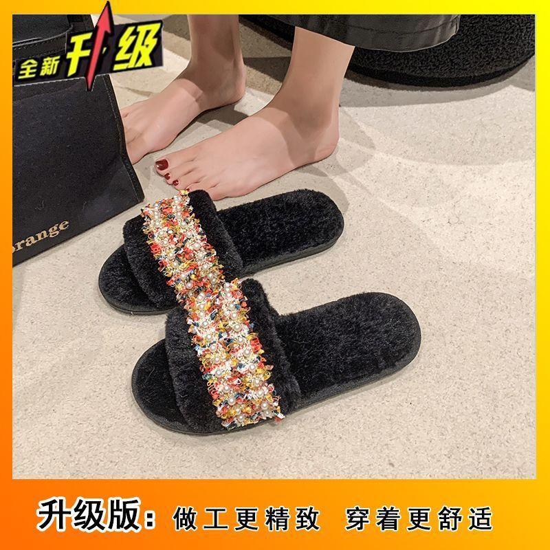 Casual fluffy slippers women's 2025 new autumn and winter Internet celebrity fashion versatile home flat bottom velvet one-word cotton slippers