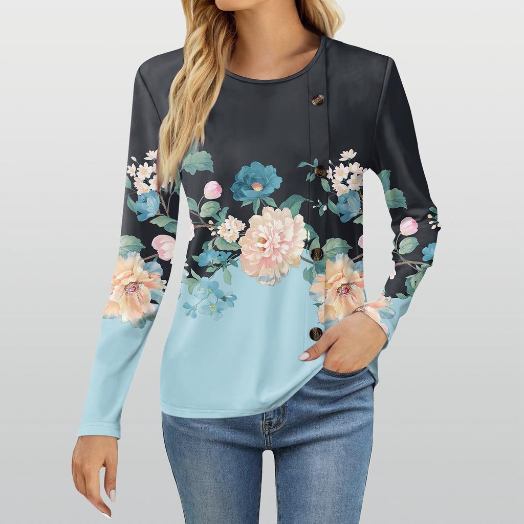 Women's Fashion Casual Round Neck Long Sleeve Printed T-Shirt Ladies Top
