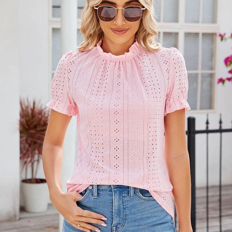 2024 весна лето женская кружевная блузка с коротким рукавом повседневная рубашка с воротником-стойкой свободные плиссированные футболки элегантные топы с вырезами 30561