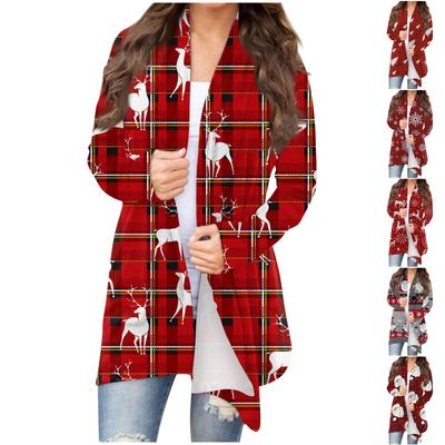 Осенние и зимние модели женской моды и отдыха с рождественскими принтами в длинном кардигане с капюшоном