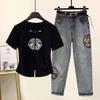 Женский костюм Летний Универсальный Футболка с коротким рукавом Топ Вышитые Джинсы Брюки гаремы Костюм-двойка