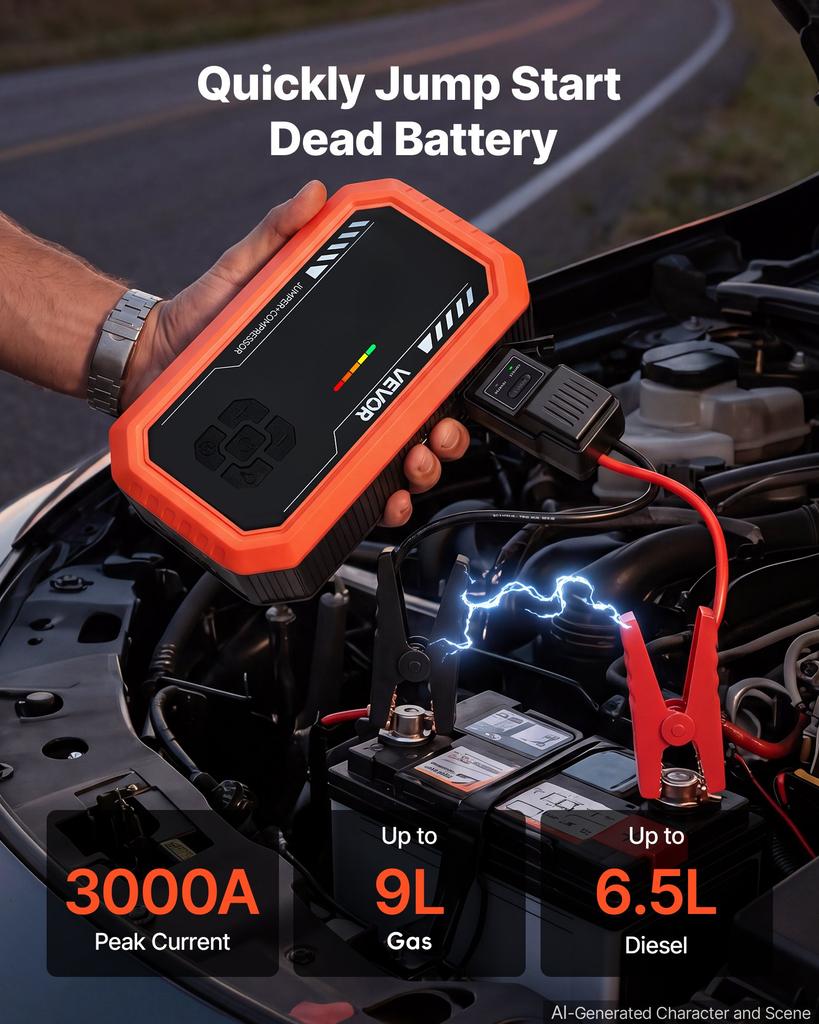 VEVOR Jump Starter with Air Compressor 3000A Peak Car Battery Jump Box, Portable for 9.0L Gas / 6.5L Diesel, 150 PSI Auto-Shutoff Tire Inflator