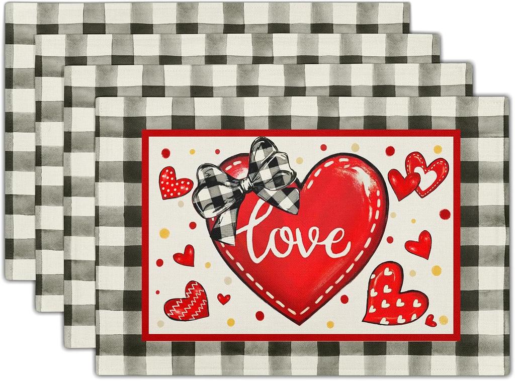 Valentine's Day Placemats Set of 6 18x12 Inch Love Heart Buffalo Plaid Linen Place Mat Wipeable Galentines Table Mat