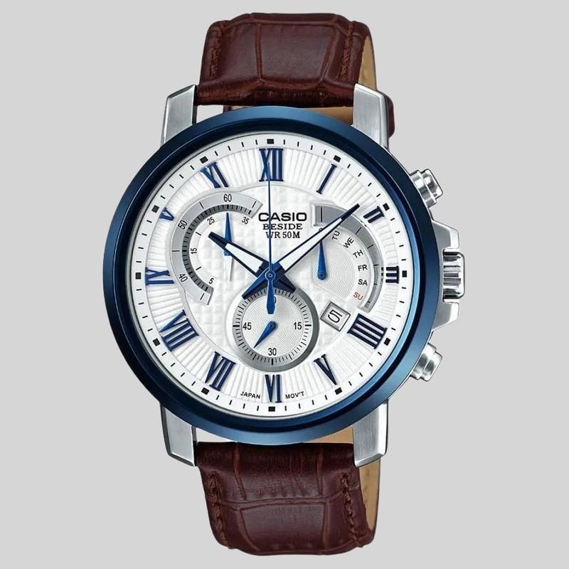 Casio Водонепроницаемые кварцевые часы на кожаном ремешке Японские и корейские часы Мужские часы Белый циферблат BEM-520BUL-7A3