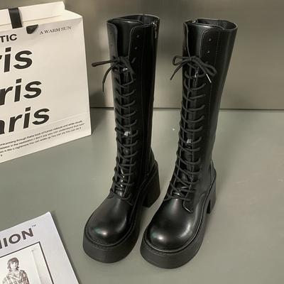 Панк-сапоги на толстой подошве, женские сапоги до колена, новый стиль 2024 года, универсальные, однотонные, модные, кожаные, осень и зима