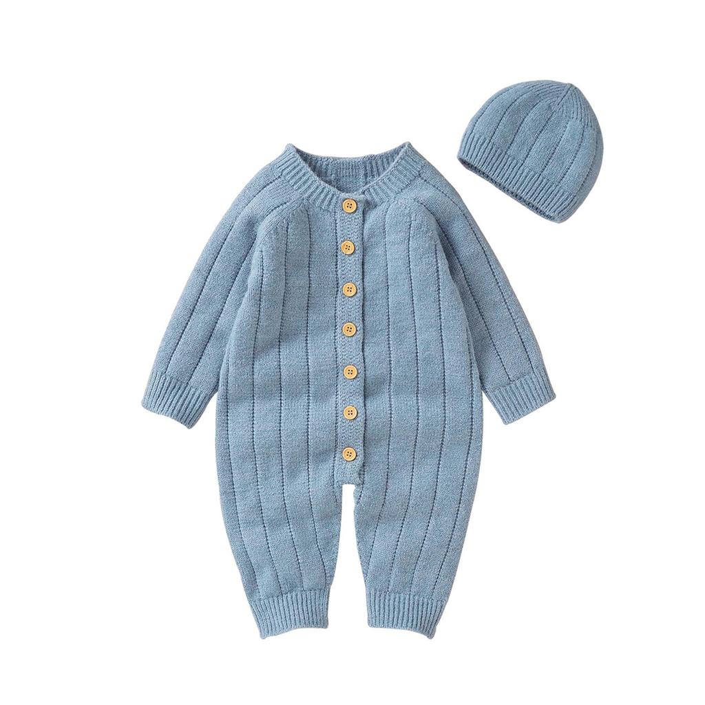 Infant Winter Jumpsuit and Cap, Solid Color Long Sleeve Single-breasted Knitted Romper, 0-18 Months