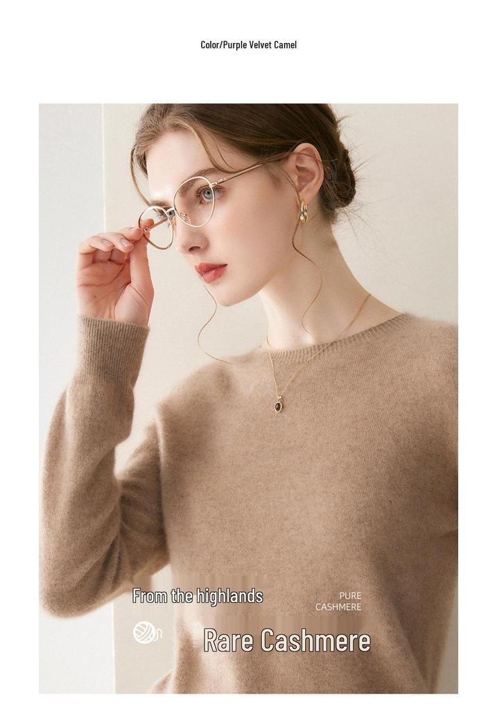 Women's Versatile 100% Cashmere Sweater – Round Neck, Loose Knit Base Layer for Autumn/Winter