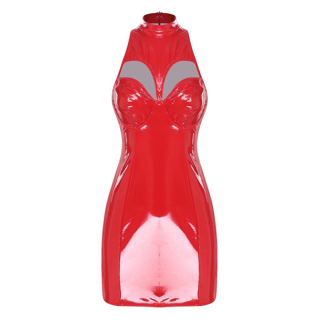 Женское облегающее платье из ПУ с мокрым блеском, мини-стиль, с воротником-стойкой, без рукавов, с вырезами, платье-труба для клуба