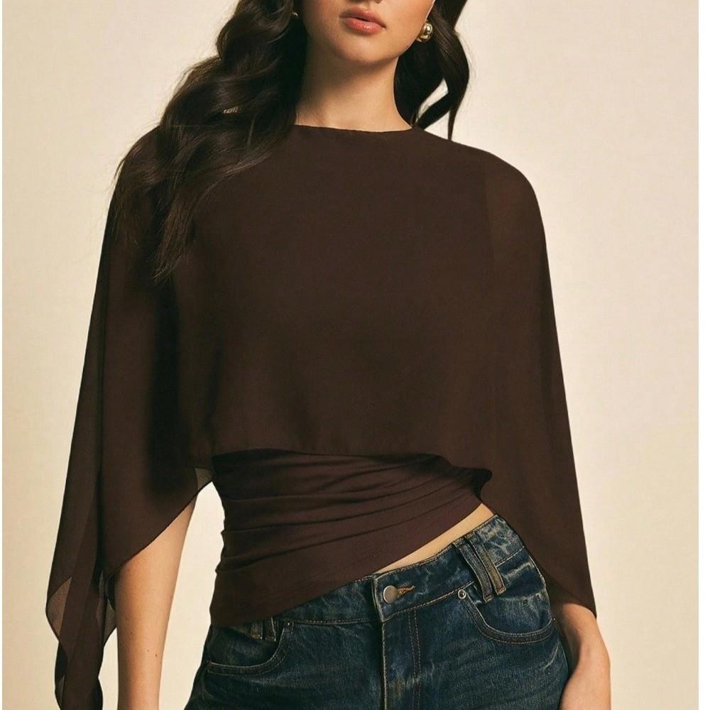 Ruched Waist Irregular T-Shirt Slim Fit Batwing Sleeve Top False Two-Piece Tops Casual Daily
