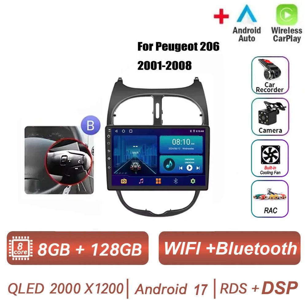 Android 17 pour PEUGEOT 206 206CC 206SW 2001 - 2016 Radio de voiture multimédia automobile sans fil Carplay Accessoires Écran de voiture