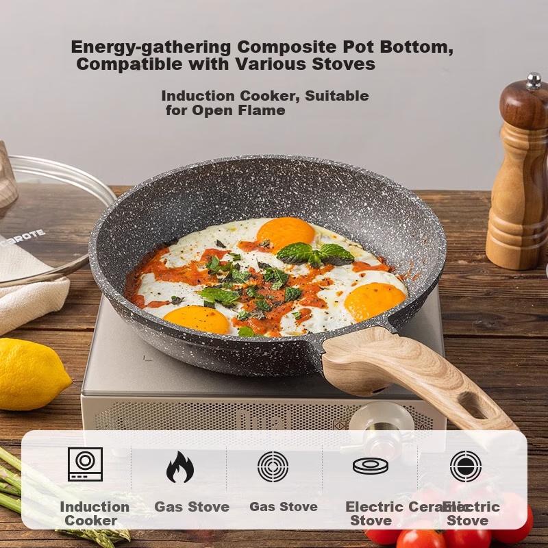 CaROTE Flat-Bottom Pan, Steak Griddle, Non-Stick Pan, Household Titanium Pan, Small Frying Egg Pan for Induction Cooker, 24cm with Lid