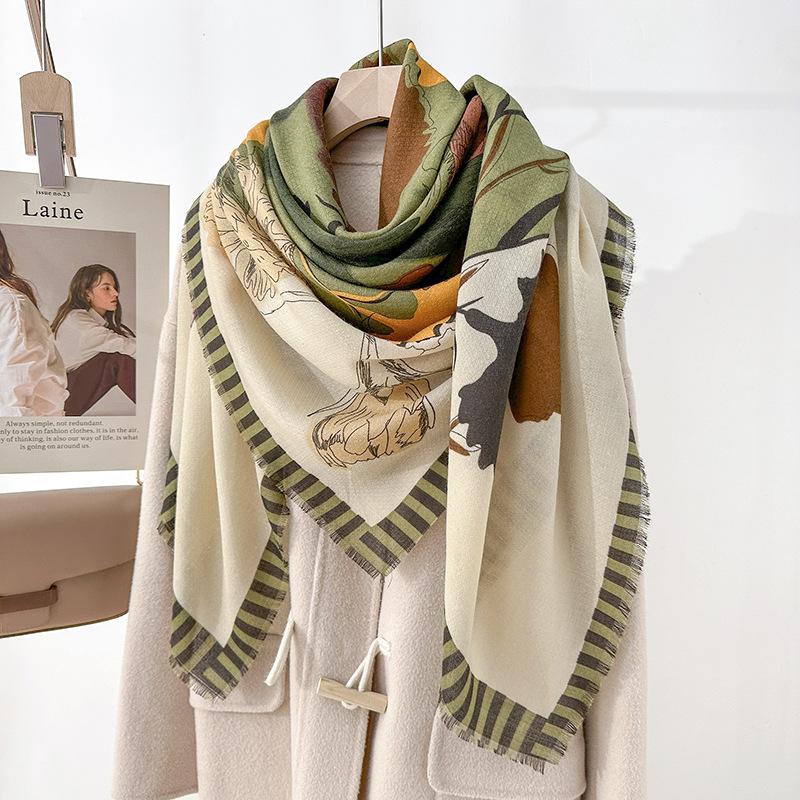 Trendy plant flower printing beard large square scarf niche fashion thin silk scarf