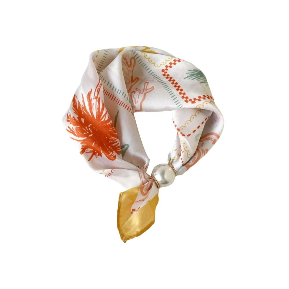 Lightweight Silk Scarf Breathable Printed Neck Scarf Accessory Pearl Buckle Scarf Female