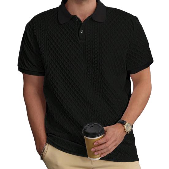 Мужские топы с лацканами, короткими рукавами, однотонная футболка с жаккардовым декором, однотонные топы из жаккардовой ткани