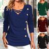 Весенние топы больших размеров, модные, элегантные, однотонные, трикотажные, с V-образным вырезом, длинным рукавом, имитацией пуговиц, большие футболки для женщин