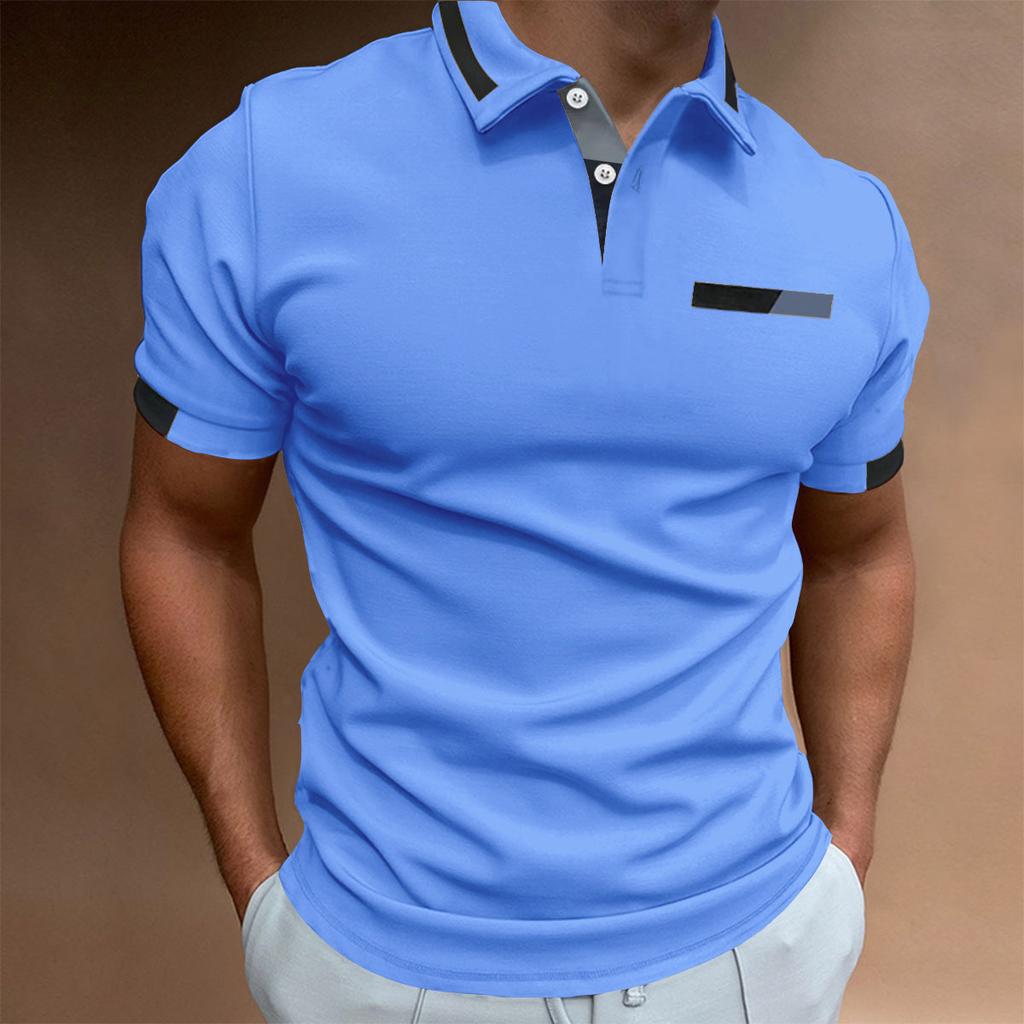 New Men's Short-Sleeved Casual Polo Shirt with Imitation Chest Pocket, Collar and Button-Front Business T-Shirt Top for Men