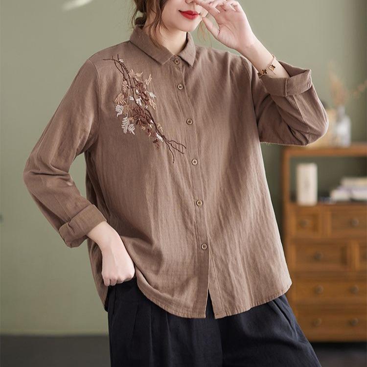 Весенняя ретро-рубашка больших размеров для женщин с длинными рукавами, свободный повседневный вышитый кардиган