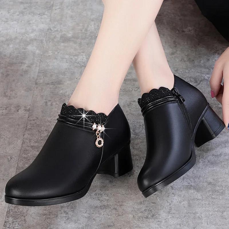 Мода 2025 Однотонные Весенне-осенние Женские Модные Туфли Толстый Высокий Каблук Мягкие Удобные Мам Молния Неглубокие Женские Туфли Zapatillas De Mujer