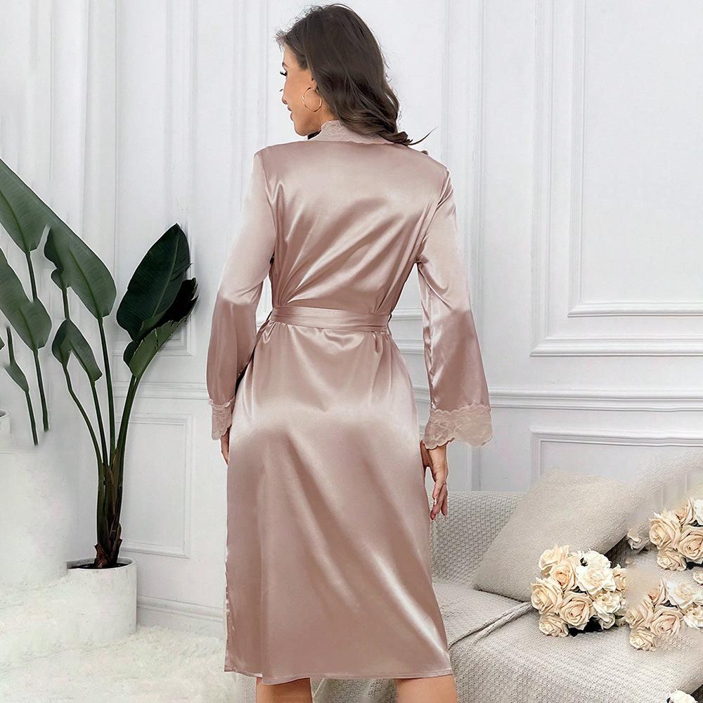 Satin Lace Sleepwear Set Luxury Long Sleeve Robe Cooling Nightgown Sexy Loungewear Bathrobe Women Elegant Home Dress
