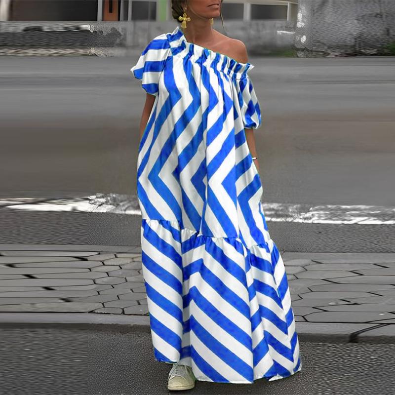 Женские летние платья большого размера с открытыми плечами и короткими рукавами в полоску с принтом