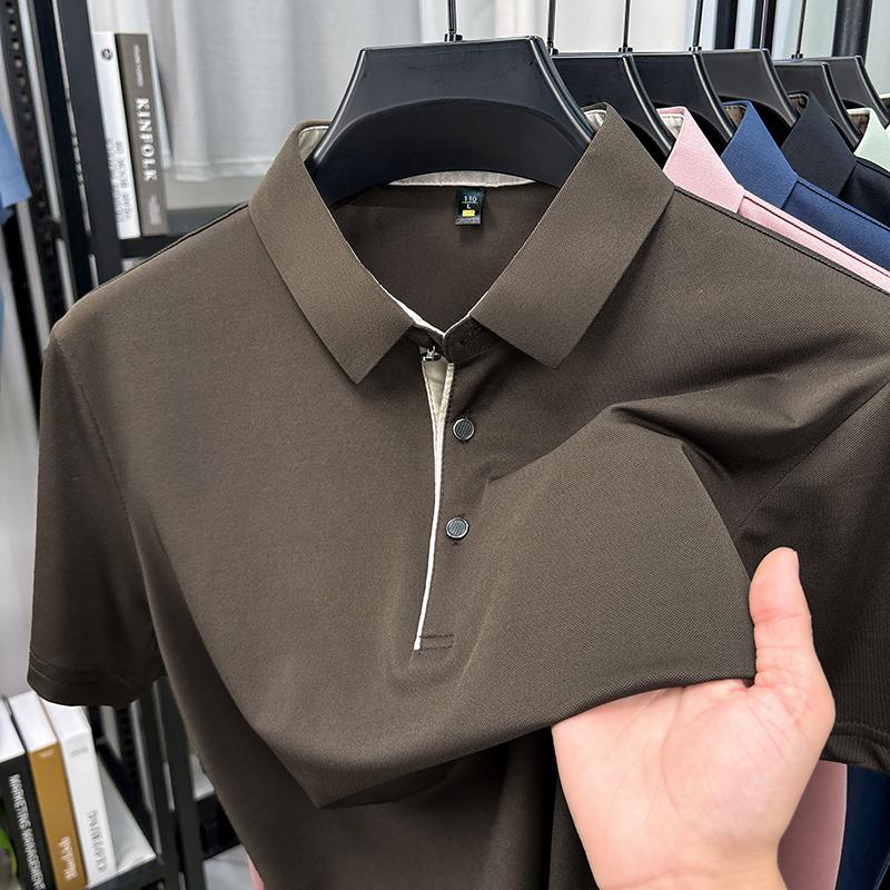 Luxury ice silk short sleeve polo shirt men summer breathable casual lapel T-shirt high-quality solid color Korean trendy top