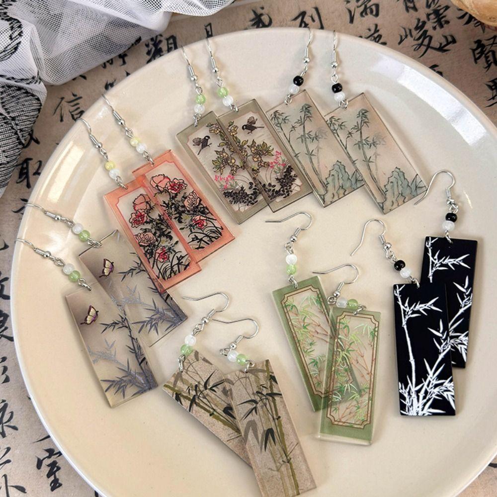 Нежные серьги с росписью тушью, винтажные акриловые серьги-украшения, новые китайские серьги-крючки в стиле ханьфу