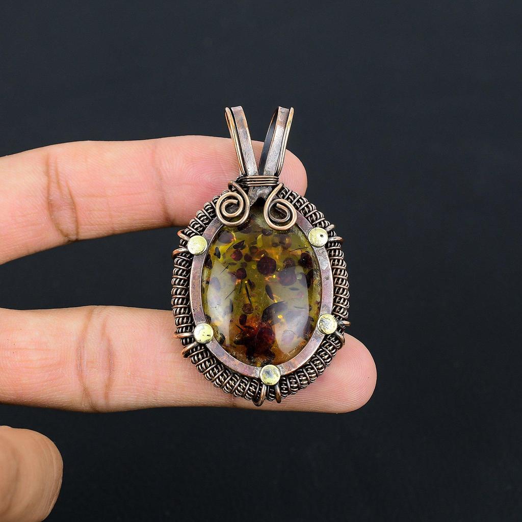 Балтийский Янтарный Драгоценный Камень Чистая Медная Проволока Обернутая Ювелирные Изделия Кулон Ручной Работы