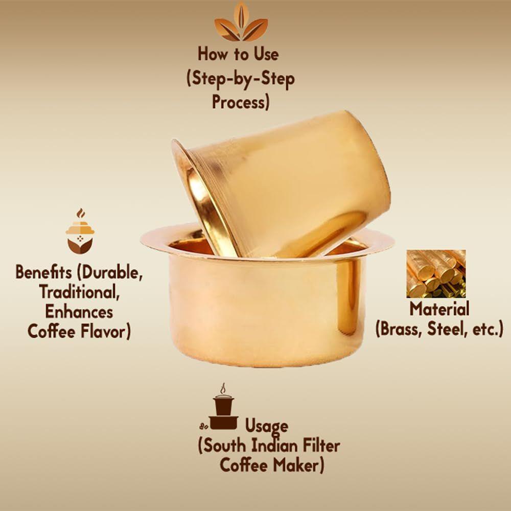 Латунная кофейная чашка Давара/Дабара и стакан для подачи фильтрованного кофе/чая/Традиционный набор кумбаконама Дабара Матовый - 150 мл (Простой, Набор из 4 штук)