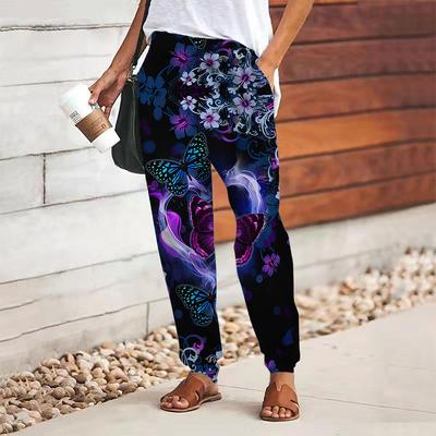 Женские брюки с цветочным принтом на шнуровке, с эластичной талией, свободные брюки, повседневные длинные брюки, брюки с карманами
