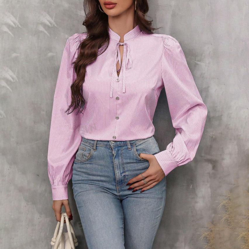 Женская весенняя повседневная рубашка с V-образным вырезом и застежкой на пуговицы в полоску с длинным рукавом