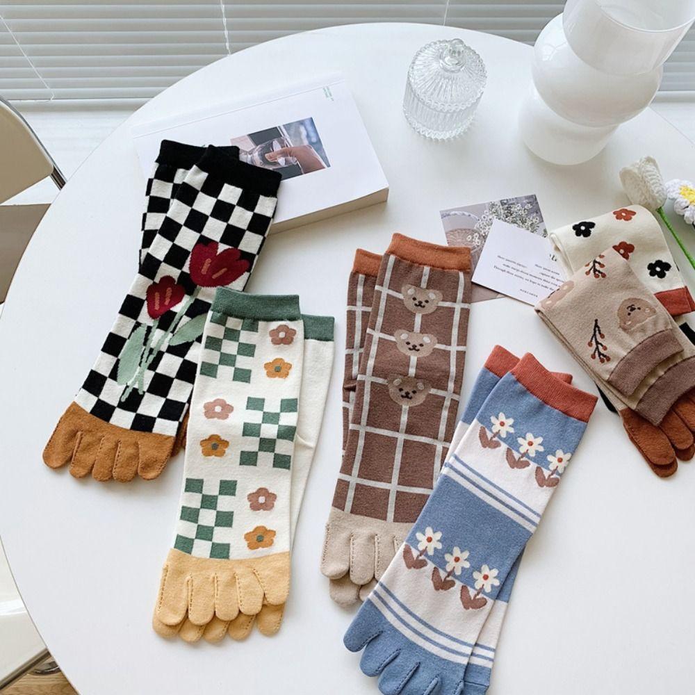 Stripe Grid Five Finger Tube Socks Flower Toe Separator Socks Fashion Toe Mid-calf Socks  Daily