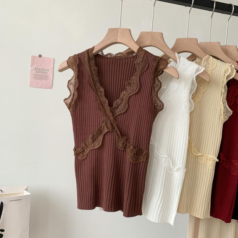 Летний новый сексуальный кружевной жилет-халтер для женщин, верхняя часть с V-образным вырезом, шелковый утягивающий трикотаж