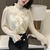 Осенние Винтажные Воланы Одежда Кружевная Блузка Женская Весенняя Стойка Воротник Белая Шифоновая Рубашка Длинный Объемный Рукав Свободные Топы Элегантные