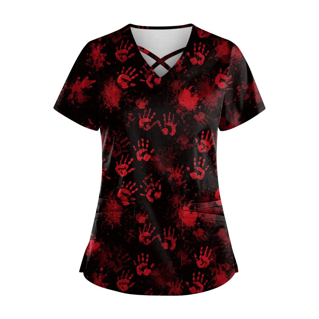 Women's Short Sleeve Stagger V Neck Print Pocket Dry- Top