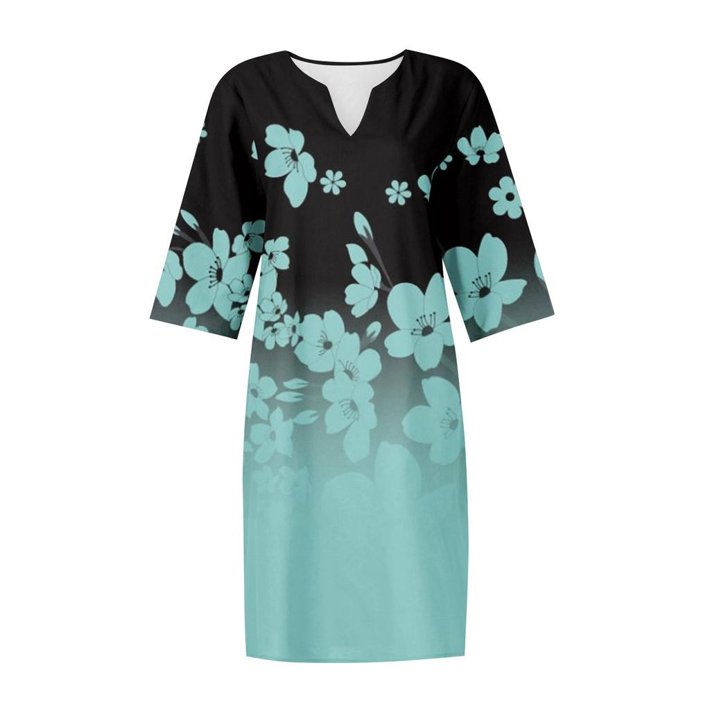 Women's Summer Casual Vintage Floral Leaf Print V-neck Half-sleeve Dress