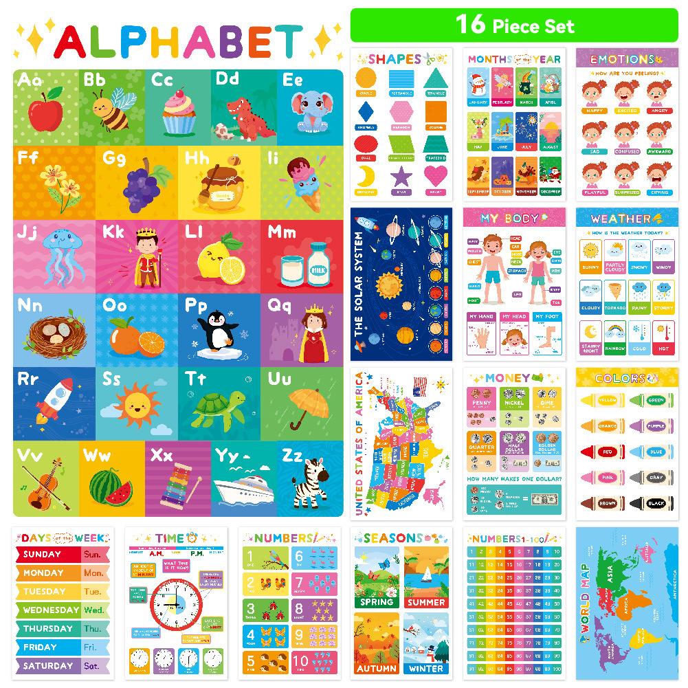 16PCS Educational Posters For Kids English Learning Waterproof Tear Resistant Wall Stickers 28x42cm