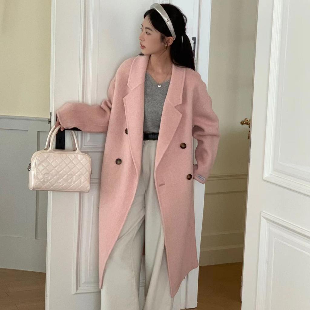 Корейский стиль кокона в форме кокона двухстороннее шерстяное пальто для женщин шерстяное пальто средней длины