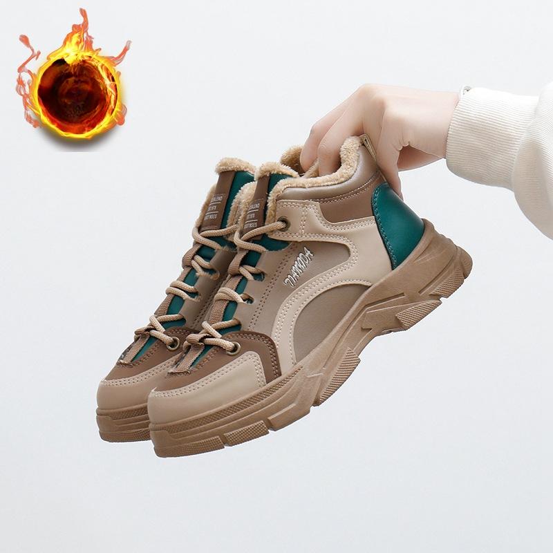 Зимние ботинки для женщин, короткие ботинки на толстой платформе, со шнуровкой, с подкладкой из искусственного меха, женские нескользящие теплые кроссовки для ходьбы с флисовой подкладкой