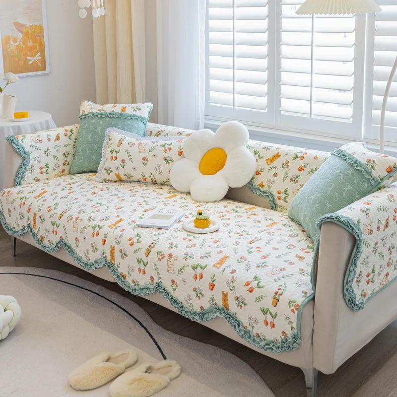 Pure Cotton Simple Dustproof Sofa Mat Retro Small Floral Comfortable Cushion Four Seasons Universal Anti Slip Couch Cover Cloth