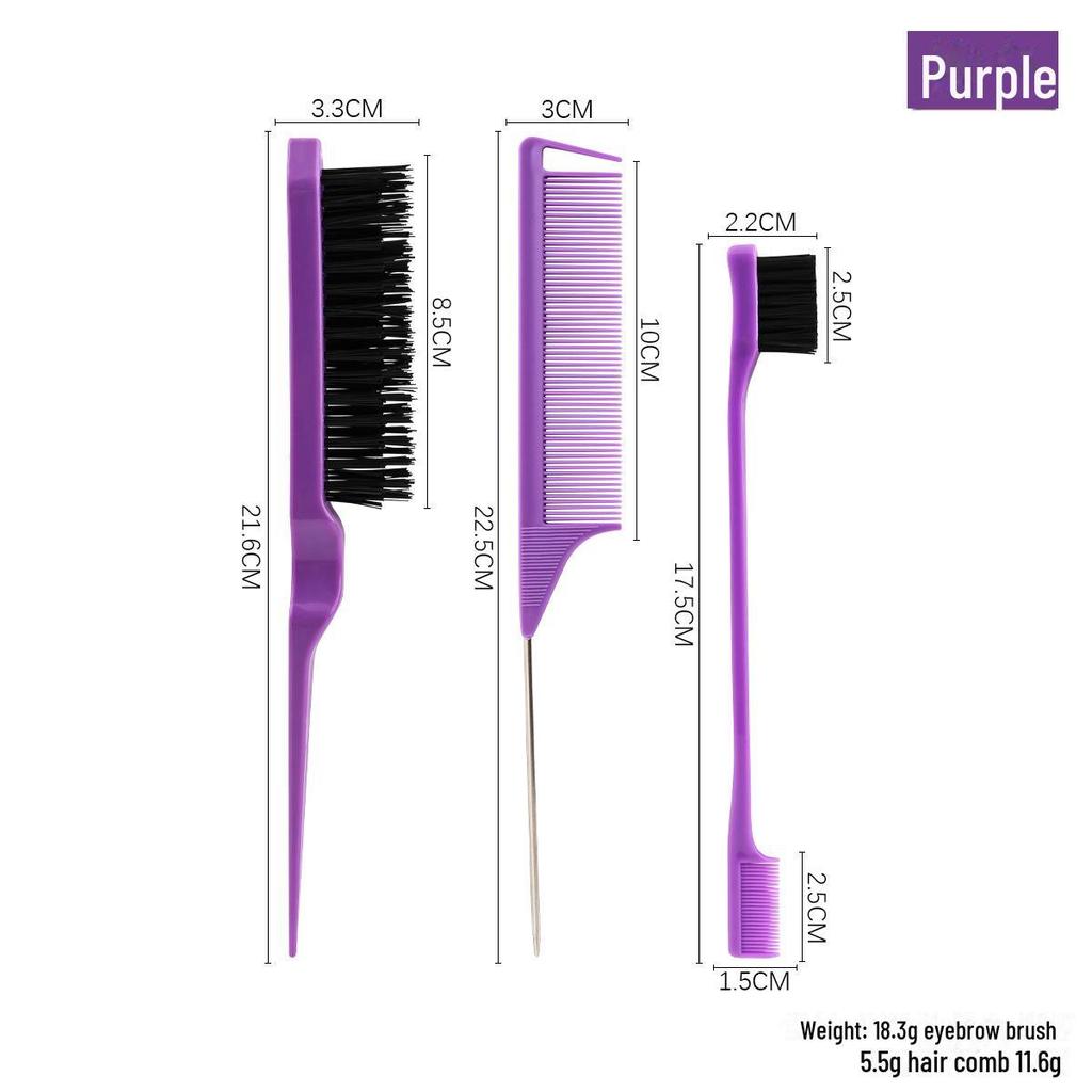 3-Piece Hair and Brow Styling Set: Teasing Brush, Edge Brush, Steel Needle Tail Comb, Dual-Headed Eyebrow Brush