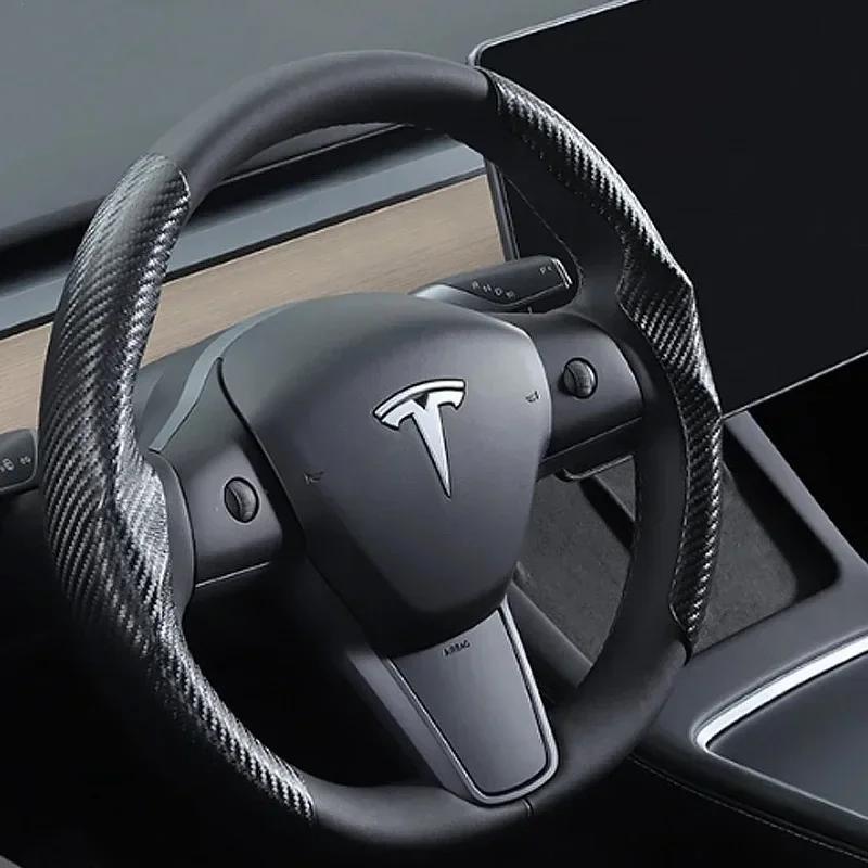 Suitable for Tesla Model3/Y Steering Wheel Cover Carbon Fiber Suede 38cm Steering Wheel Cover Cute Interior Accessories for Cars