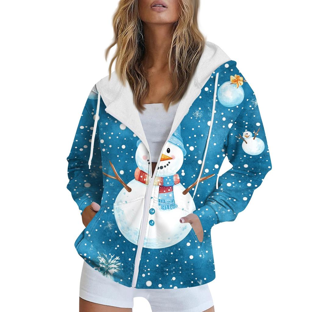 Женская рождественская печатная толстовка осень-зима с длинным рукавом кардиган куртка с карманами на молнии толстовка с капюшоном верхняя одежда