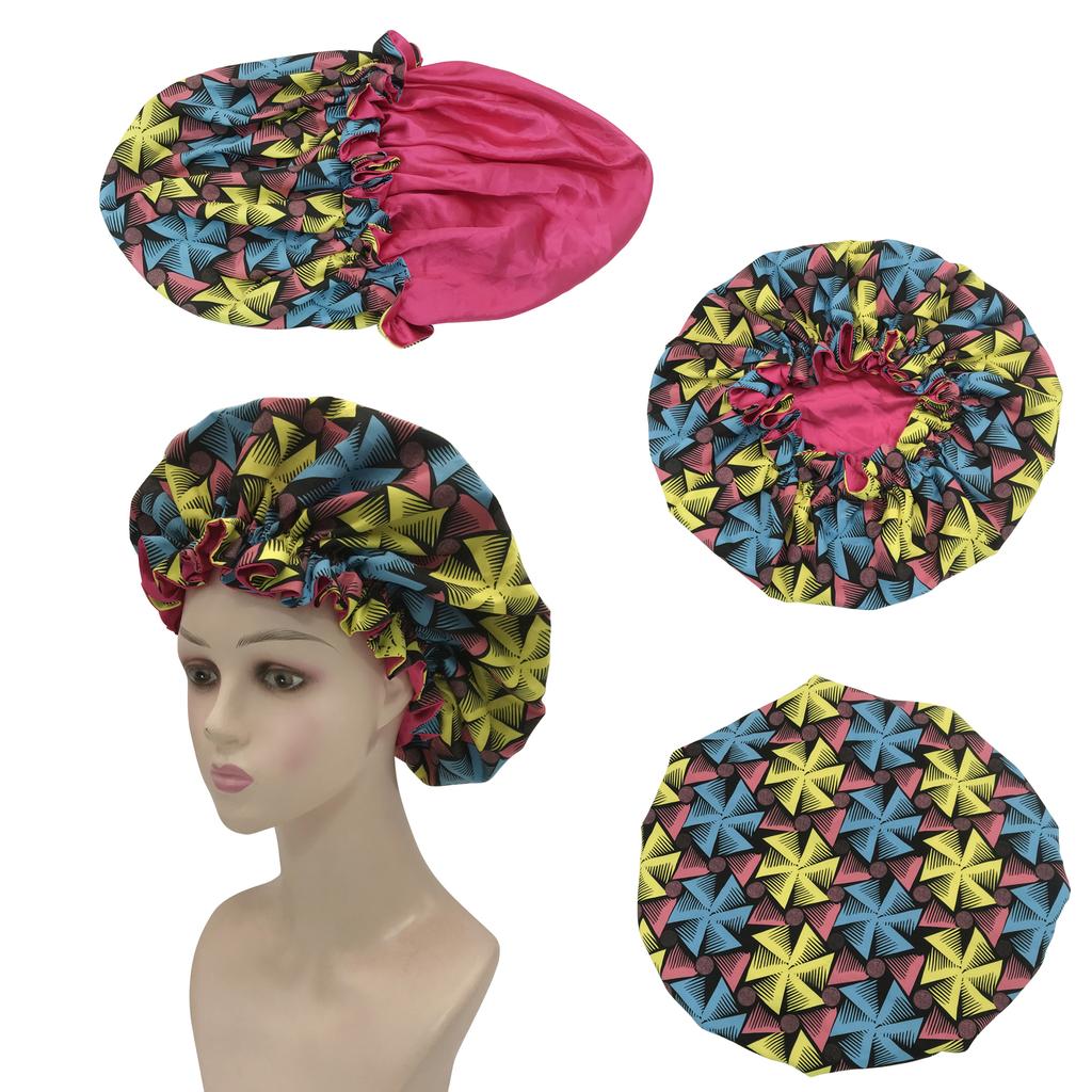 Fashion Cute Style Hat African Ankara Pattern Bonnet Double Layer Satin Hair Bonnet Silk Flower Bonnets for Woman