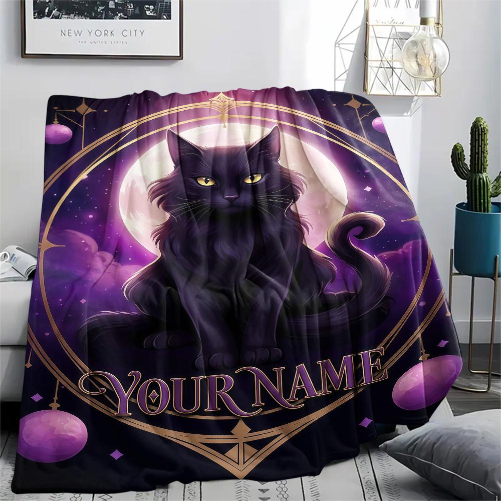 1PC Custom Name Black Cat Majesty Patterned Flannel Blanket Suitable For All Seasons for Home Decor Warmth and Comfort Gifts Holiday Present_lx