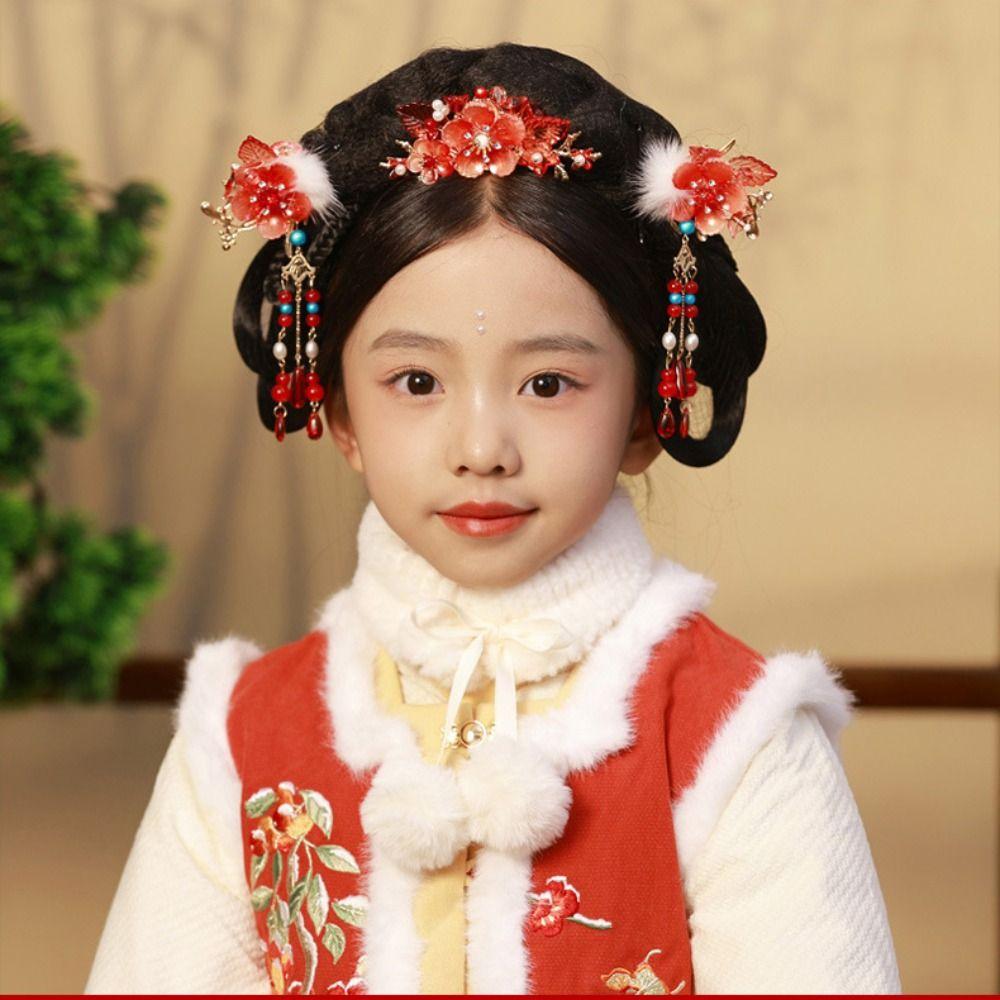 Tassel Chinese Style Hairpin Set Red Flower Hair Comb Ancient Style Hanfu Hair Stick  Women