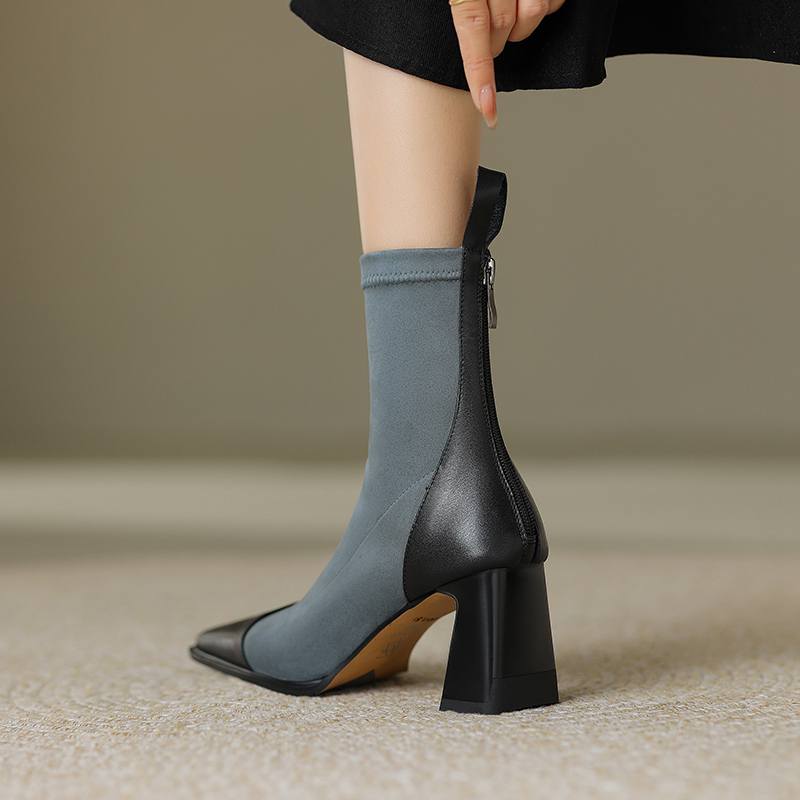 Krazing Pot Cow Leather Flock Winter Square Toe Thick High Heels Zipper Stretch Boots Stovepipe Women Ankle Boots