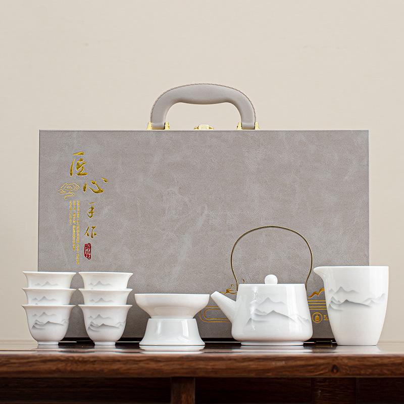 Suet jade tea set, kung fu set, white porcelain office household teapot cover bowl teacup