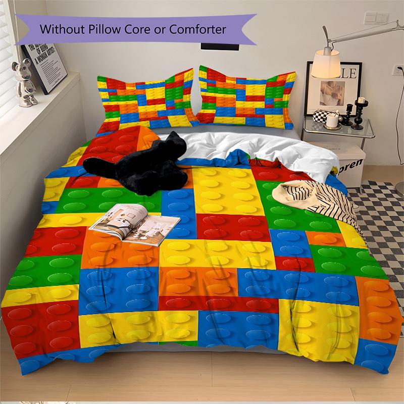 3pcs bedding set Building block jigsaw puzzle Includes 1 Comforter + 2 Pillowcases, Without Pillow Inserts, Soft Comfortable, Lightweight Br