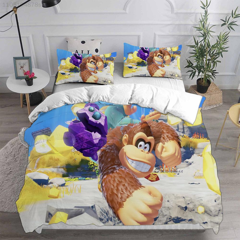 D-Donkey K-Kong B-Bananza Bedding Sets Single/Twin/Double Size Duvet Cover Set 2/3 Pieces Sets Gifts for Gamer Kids Adult Size